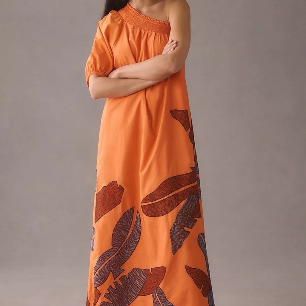 Anthropologie Maeve One-Shoulder Orange Dress with Leaf Design